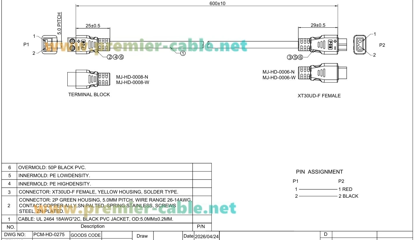 XT30 Buchse auf 2-Pin Schraubklemmenkabel 18AWG XT30 auf 5,0mm Raster Lötloser Anschlussadapter für RC-Akkus – Detail 1