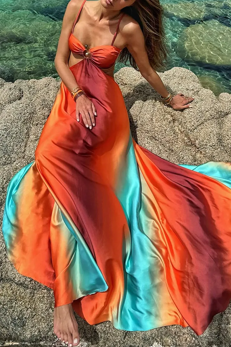 Sexy Gradient Hollow Out Maxi Dress Women Backless Sleeveless Sling Long Dresses 2025 Summer Vacation Boho Beach Satin Robes