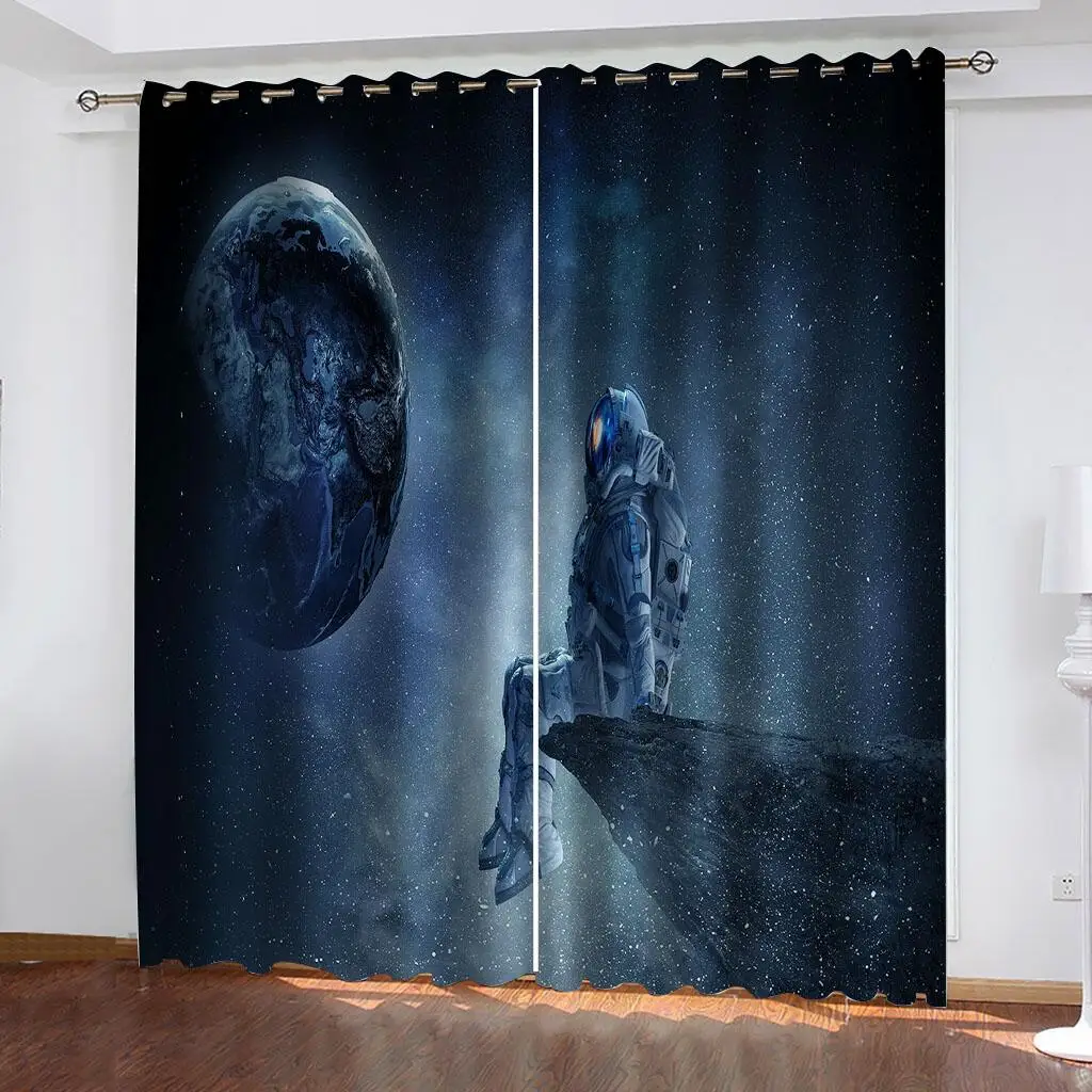 2Pcs Space Adventure Curtains Cartoon Astronaut Planet Pattern Kids Room Bedroom Living Room Decor Sun Shade Window Drapes