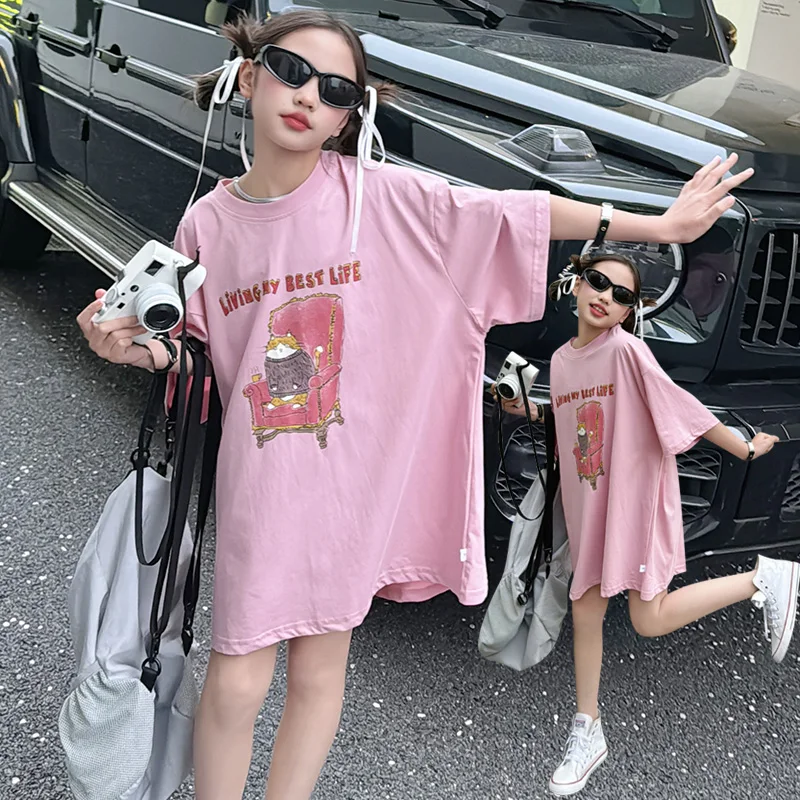 

Trendy Girls T-shirt Dress Short Sleeve Cartoon Cat Tees Casual Loose Long Sweatshirt Children's Clothes Summer Oversize t shirt