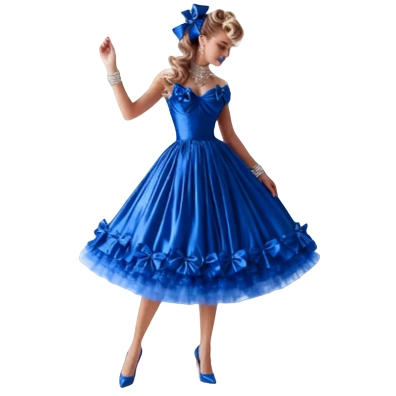 ชุดราตรีสีน้ำเงินยาวถึงเข่า โบว์หวาน ผ้าซาติน ชุดราตรีหรูหรา แขนกุด ชุดงานเลี้ยงวันเกิด ชุดรับปริญญา แบบสั่งตัด