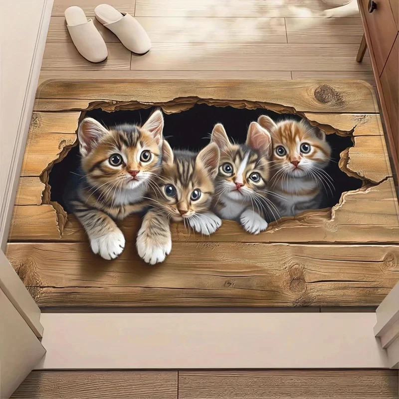 VIKAMA Cute 3D Kittens Peeking Through Wood Doormat Non-Slip Dirt Trapper Washable Floor Mat for Entryway Cat Lovers