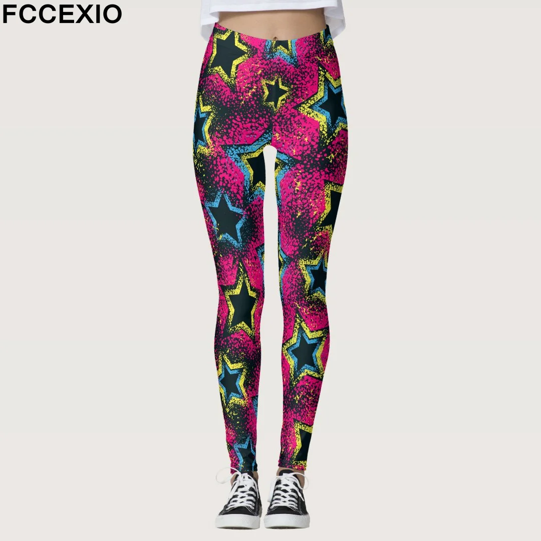 FCCEXIO Summer New Geometric Graffiti Print Women\'s Sports Leggings High Waist Running Tght Fitness Workout Yoga Gym Pants S-3XL