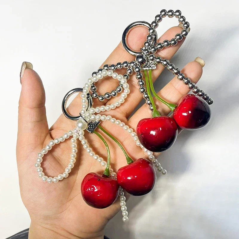 

1PC Fashion Pearl Lace Bowknot Keychain Hanging Cherry Pendant Keyring Backpack Decoration Charm Jewelry For Girl Women Gift