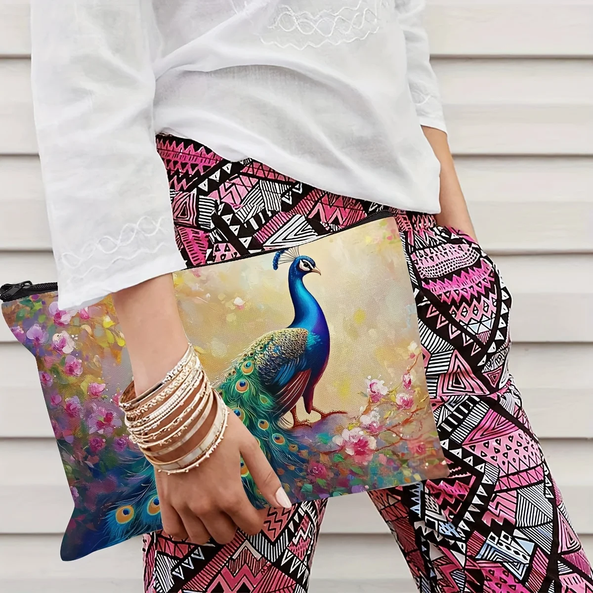 1pc Vibrant Peacock Oil Painting Cosmetic Bag - Lightweight, Casual, Hand Washable with Zipper Closure