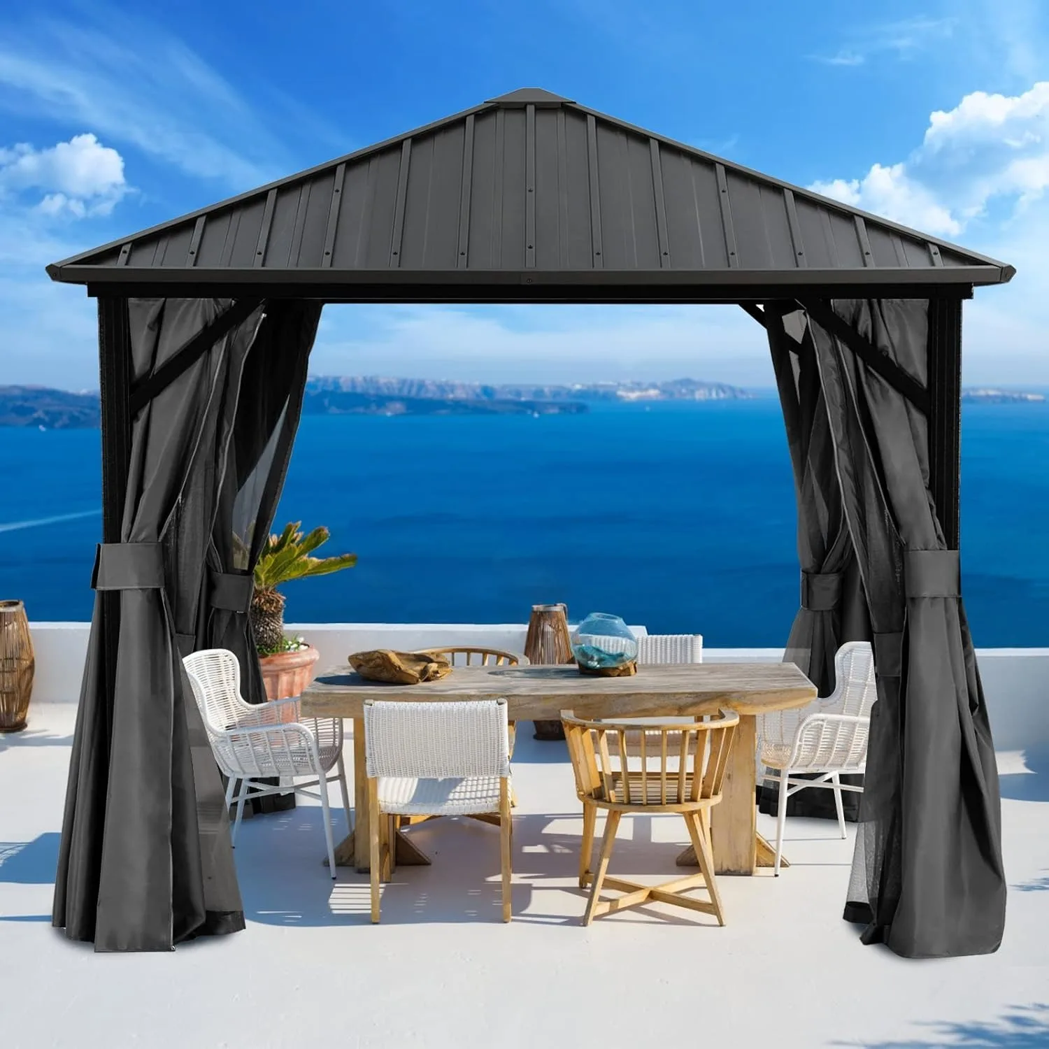 

Hardtop Gazebo 8x8 - Outdoor Metal Hard Top Gazebo, Permanent Galvanized Steel Aluminum Framed Pavilion with Netting