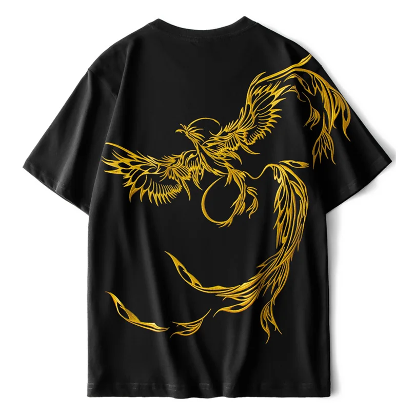 Phoenix Embroidered Tshirt Men Hip Hop Cotton Short Sleeve T Shirt Man Yokosuka Sukajan Male Top Clothing Summer