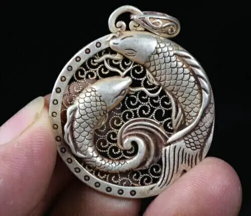 

4Cm Rare Old China Miao Silver Feng Shui Double Fish Pendant Amulet Necklace