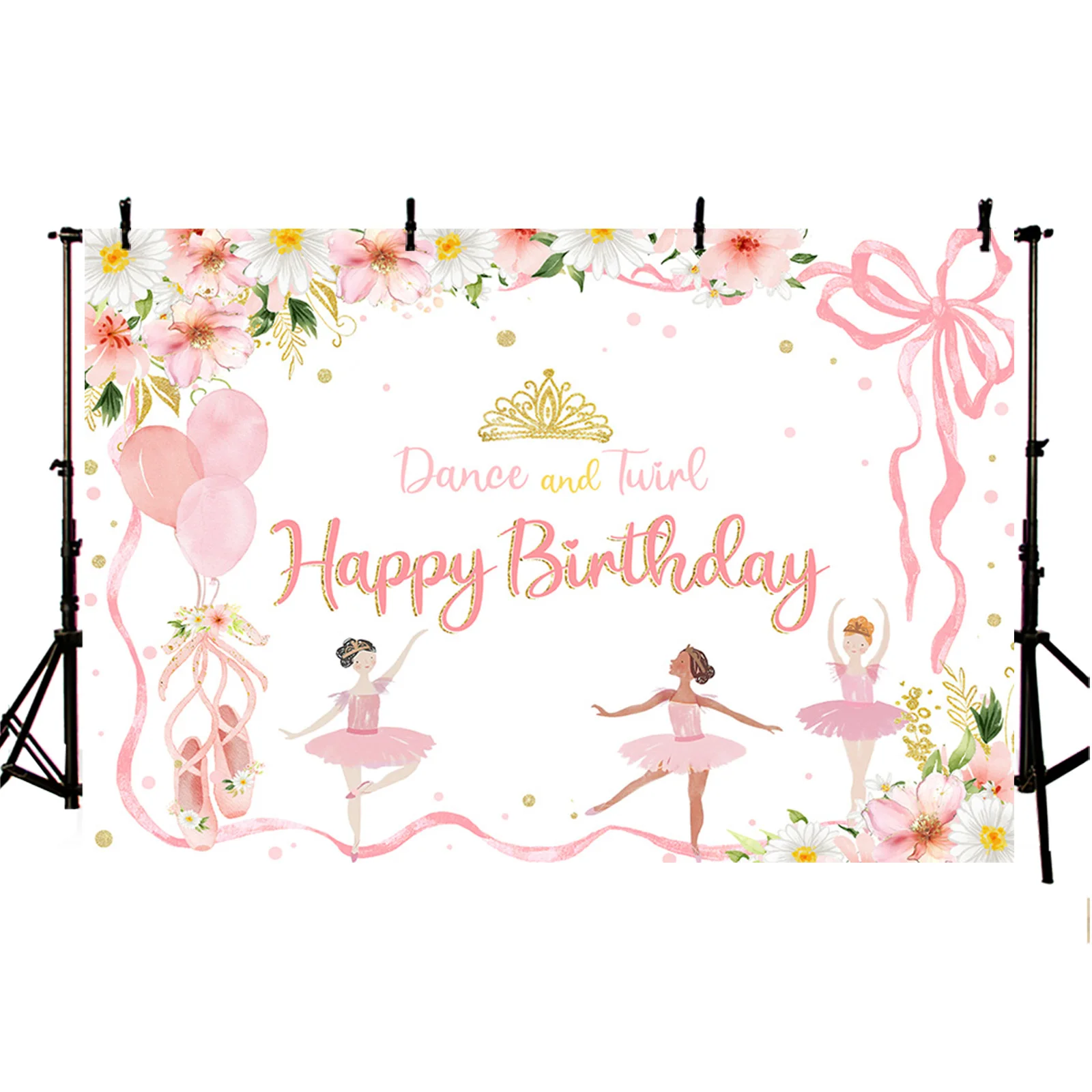 Happy Birthday Backdrop Dance and Twirl Pink Floral Girl Dancer Birthday Party Decor Fairy Cake Portrait Photography Background