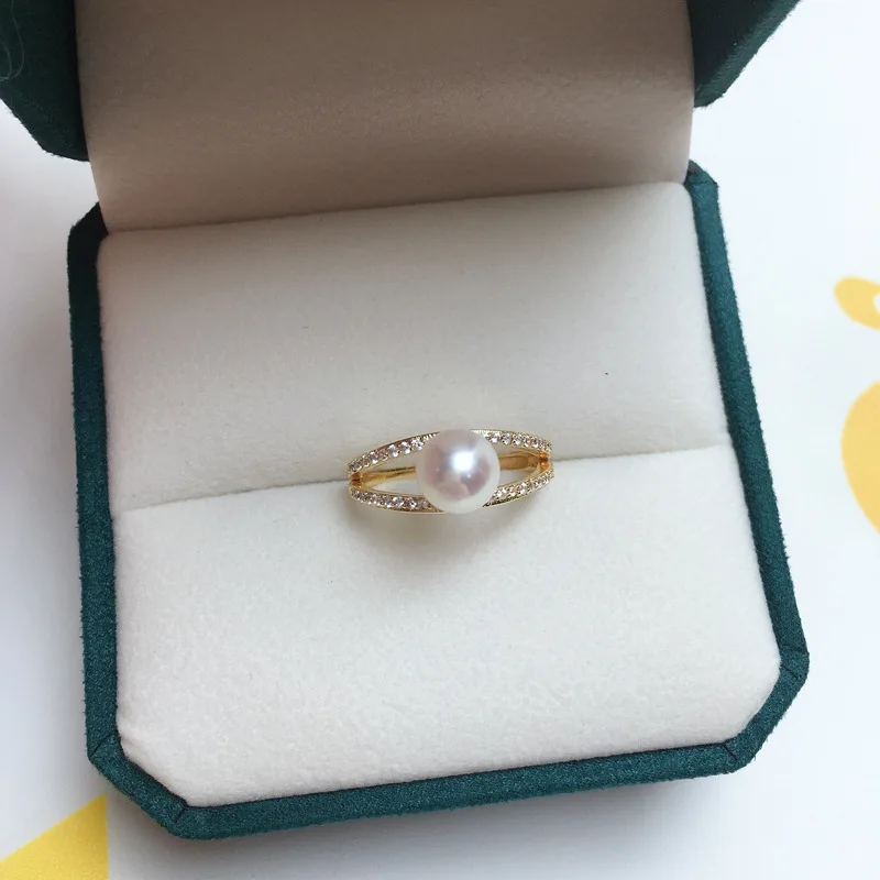Genuine 14k Gold Color Open Ring for Women Bride Gold with Zircon Pearl Rings Party Wedding Engagement Jewelry Gifts