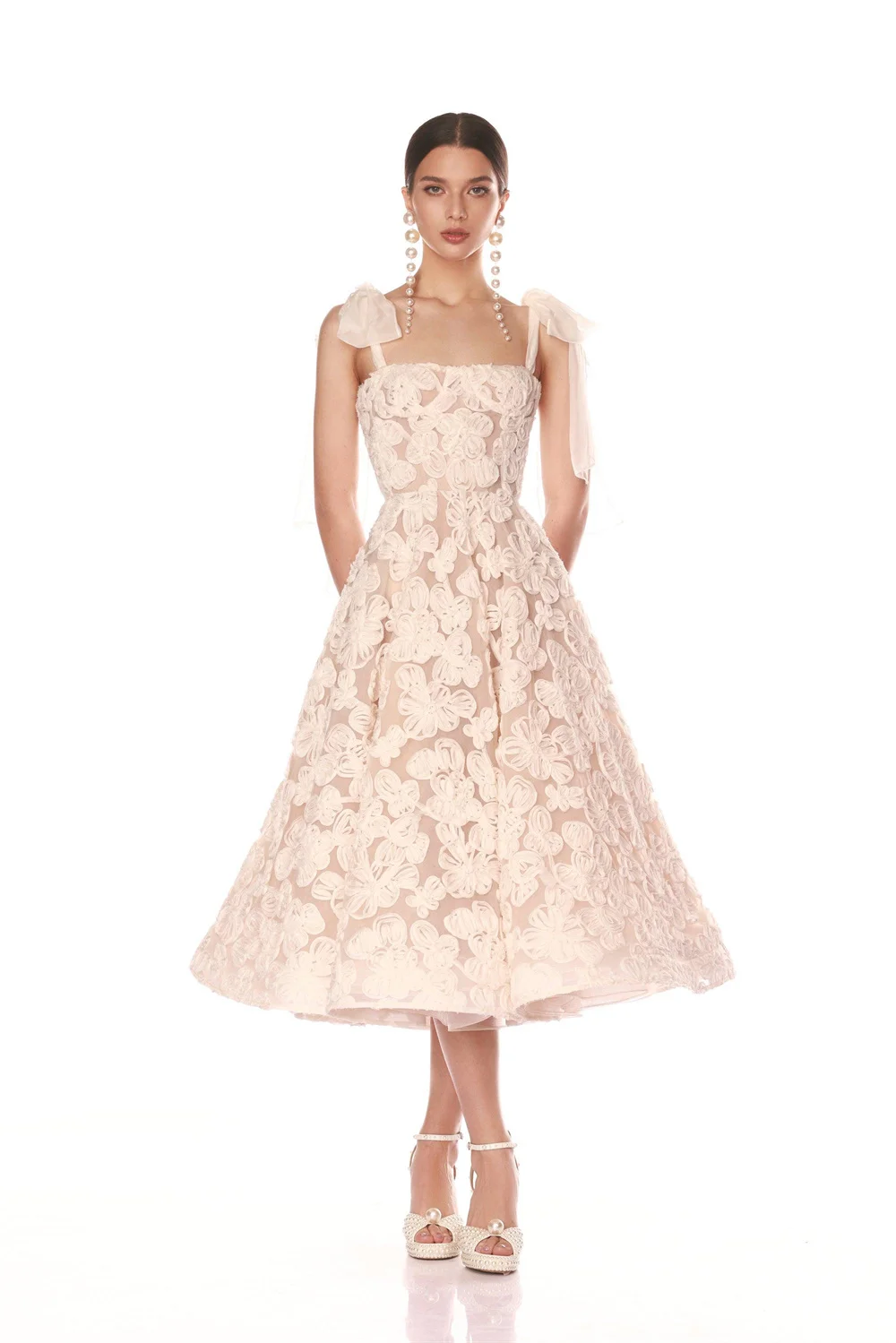 كيوتو مخصصة أوف وايت الحليب الدانتيل زهرة فستان الزفاف القوس الأشرطة الشاي طول Vestidos De Noche ألف خط بلا أكمام ثوب رسمي #3