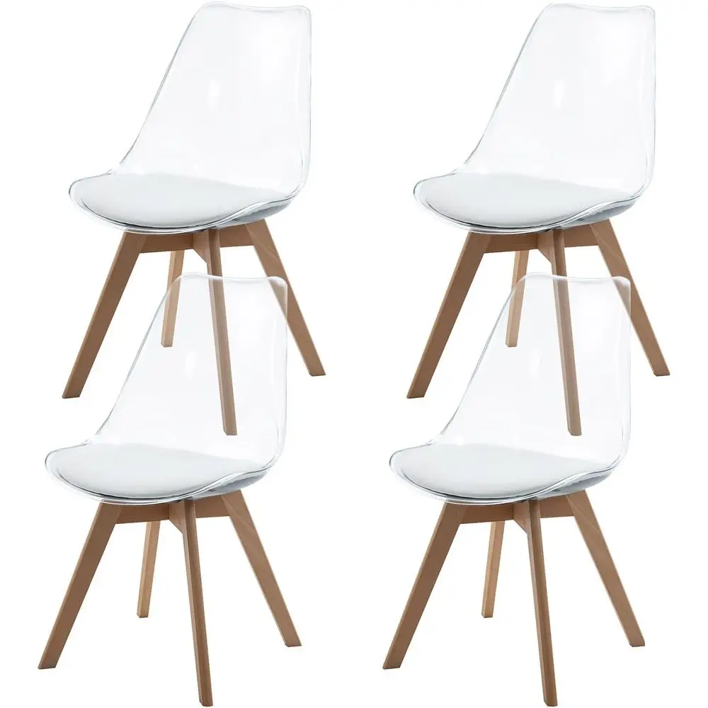 

Set of 4 Clear Acrylic Dining Chairs with White PU Leather Cushions and Wood Legs for Kitchen, Dining Room, or Restaurant Use
