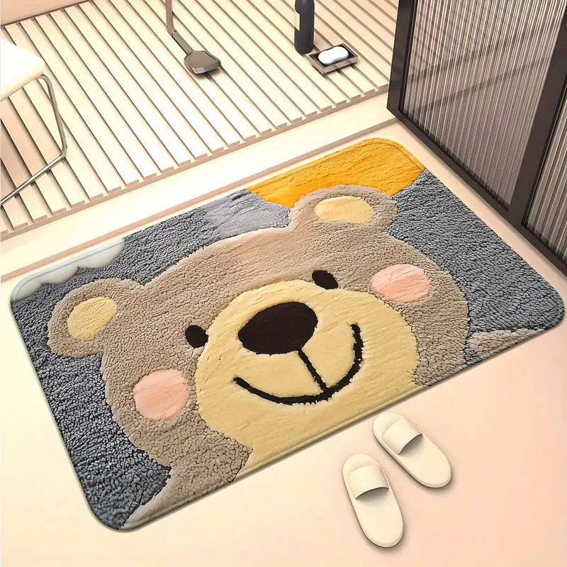VIKAMA Smiling Bear Plush Bathroom Door Mat, Non-Slip, Absorbent Entryway Mat, Bedroom Decorative Mat, Home Decor