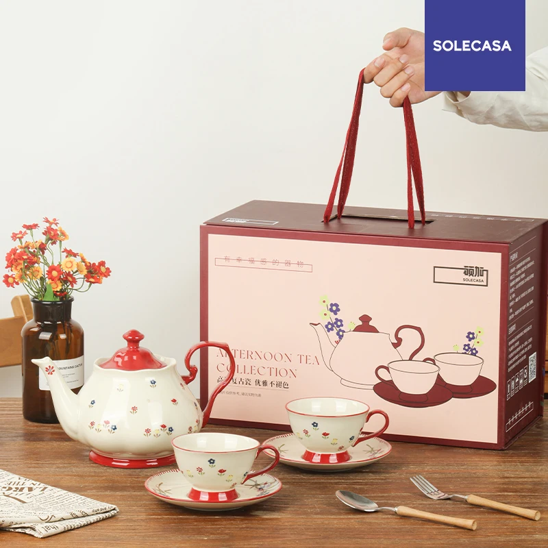 SOLECASA Keramische Theewaar Sets Retro Bloemenpatroon Theepot Kopje Europese Middagkop Porseleinen Koffiekop & Schotel Festival Cadeau