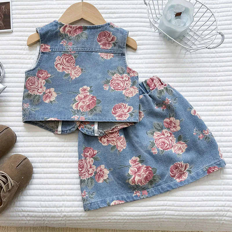 2Piece Summer Baby Girl Clothes Korean Fashion Denim Flowers Print Blue Tops+Skirt Kids' Sets And Outfits Children Clothing B426