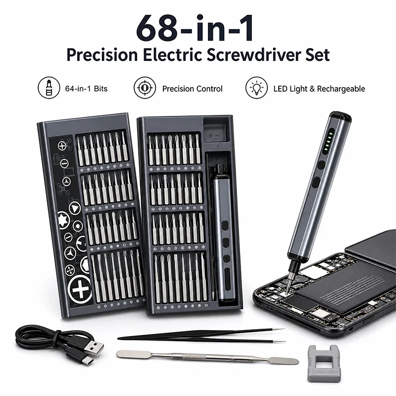 68 in 1 Precision Electric Screwdriver Set 64 Bits LED Light Rechargeable Cordless Power Screw Driver Kit For Phone Repair PC