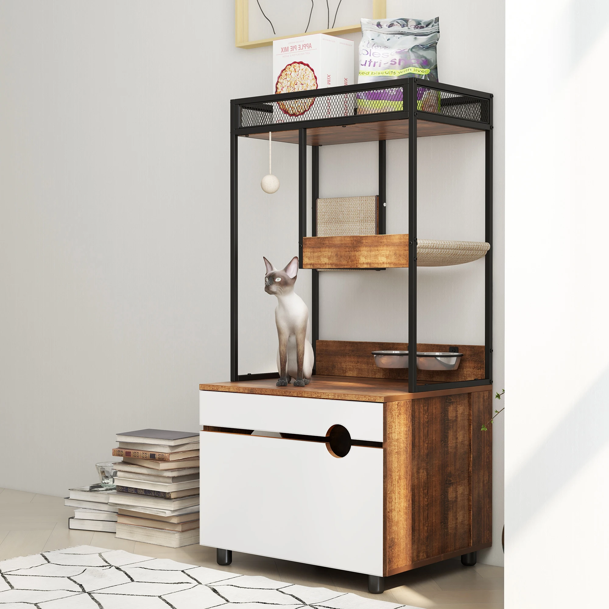 

Hidden Cat Litter Box Enclosures with Cat Tree Tower, Cat Furniture with Scratching Pads and Large Storage Space, Industrial Cat