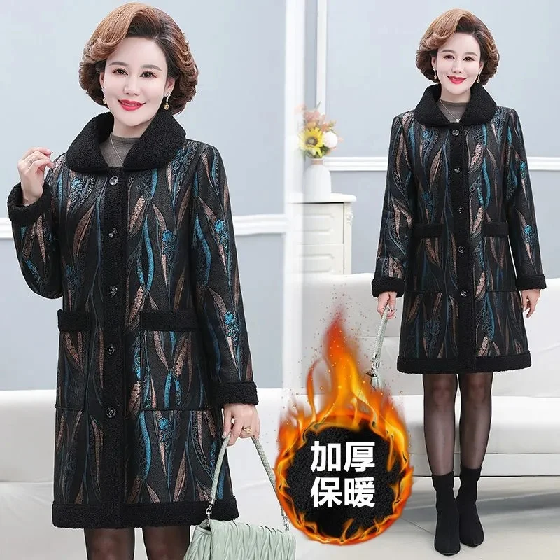 Middle-aged Mom Fur Jacket  Autumn Winter Faux Cashmere Splicing Overcoat Women Fur integration Fur Coat Large Size XL-5XL Coats