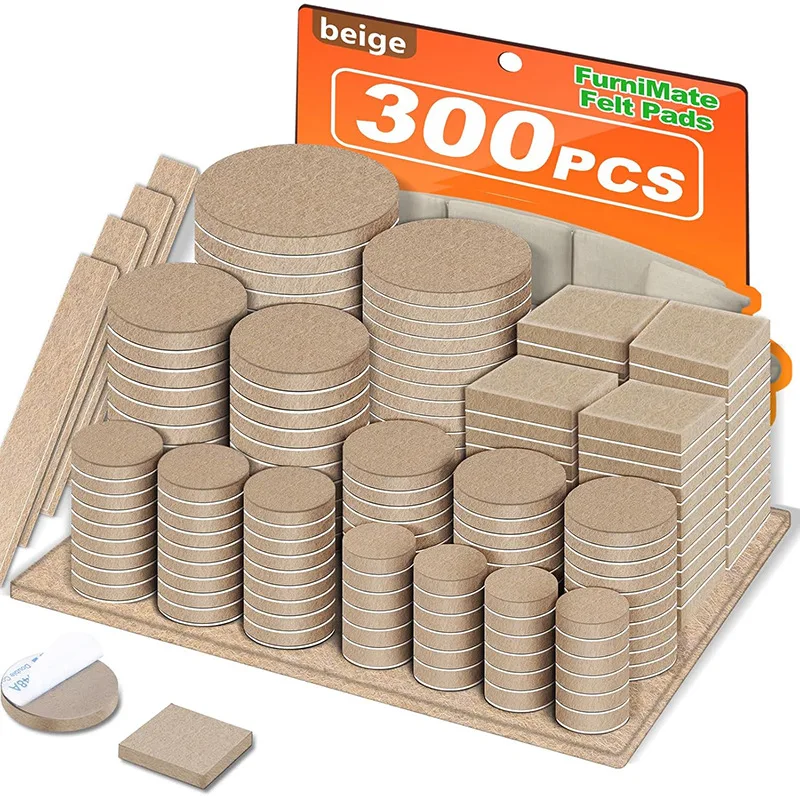 300PCS Value Pack Felt Chair Leg Pads Various Sizes Self Adhesive Furniture Protectors for Hardwood Floor