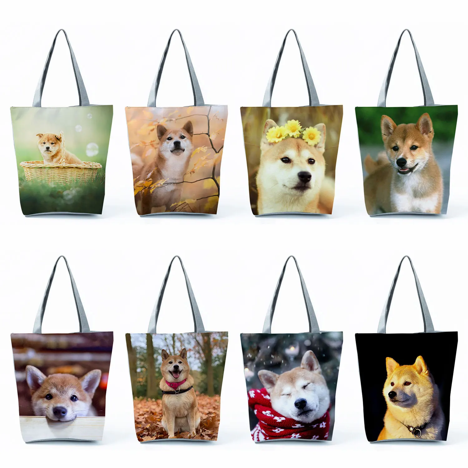 Cute Shiba Inu Print Handbags High Capacity Casual Women Tote Bags Kawaii Dog Shopping Bags Outdoor Travel Portable Beach Bags