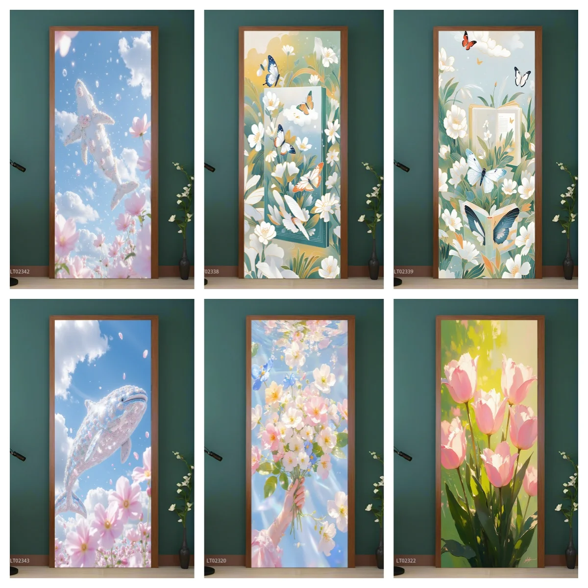 

Dreamy Floral Door Stickers - Hand-Painted Fantasy Flower Vinyl Decals, Watercolor Wall Art for Room Door Blossom Wallpaper