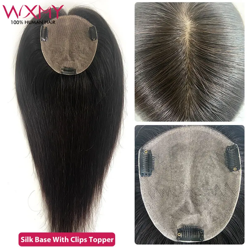 Topper per capelli lisci con Base in seta per le donne Topper per capelli umani Remy dall'aspetto naturale con clip sistemi di posticci traspiranti