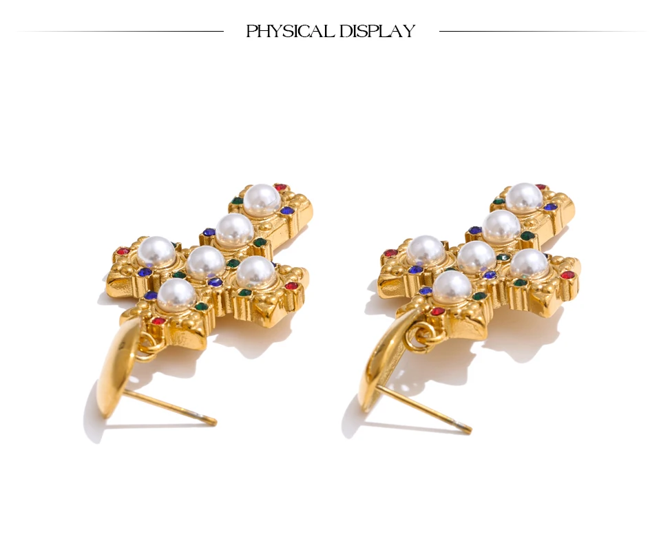 Yhpup Vintage Imitation Perlen Zirkonia Kreuz Tropfen Ohrringe 18 Karat Gold Farbe Edelstahl Beliebte Schmuck 2025 – Detail 10
