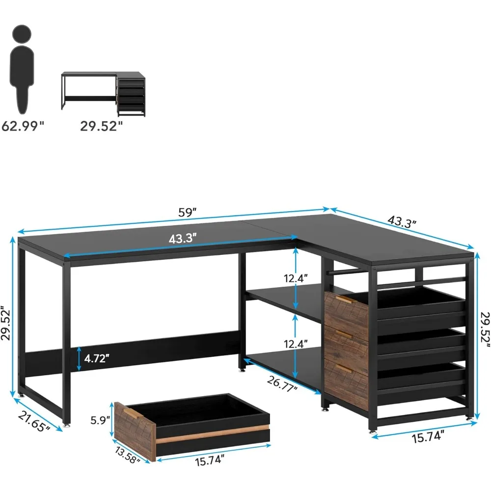 L Shaped Computer Desk with Storage Drawers, 59 inch Corner Desk with Shelves, Reversible L-Shaped Office Desk Study