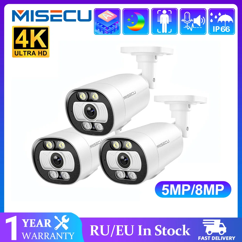 MISECU H.265 5MP 8MP 1-3PCS AI POE Camera Two-way Communication Human Detect Outdoor Camera For CCTV System Surveillance Camera