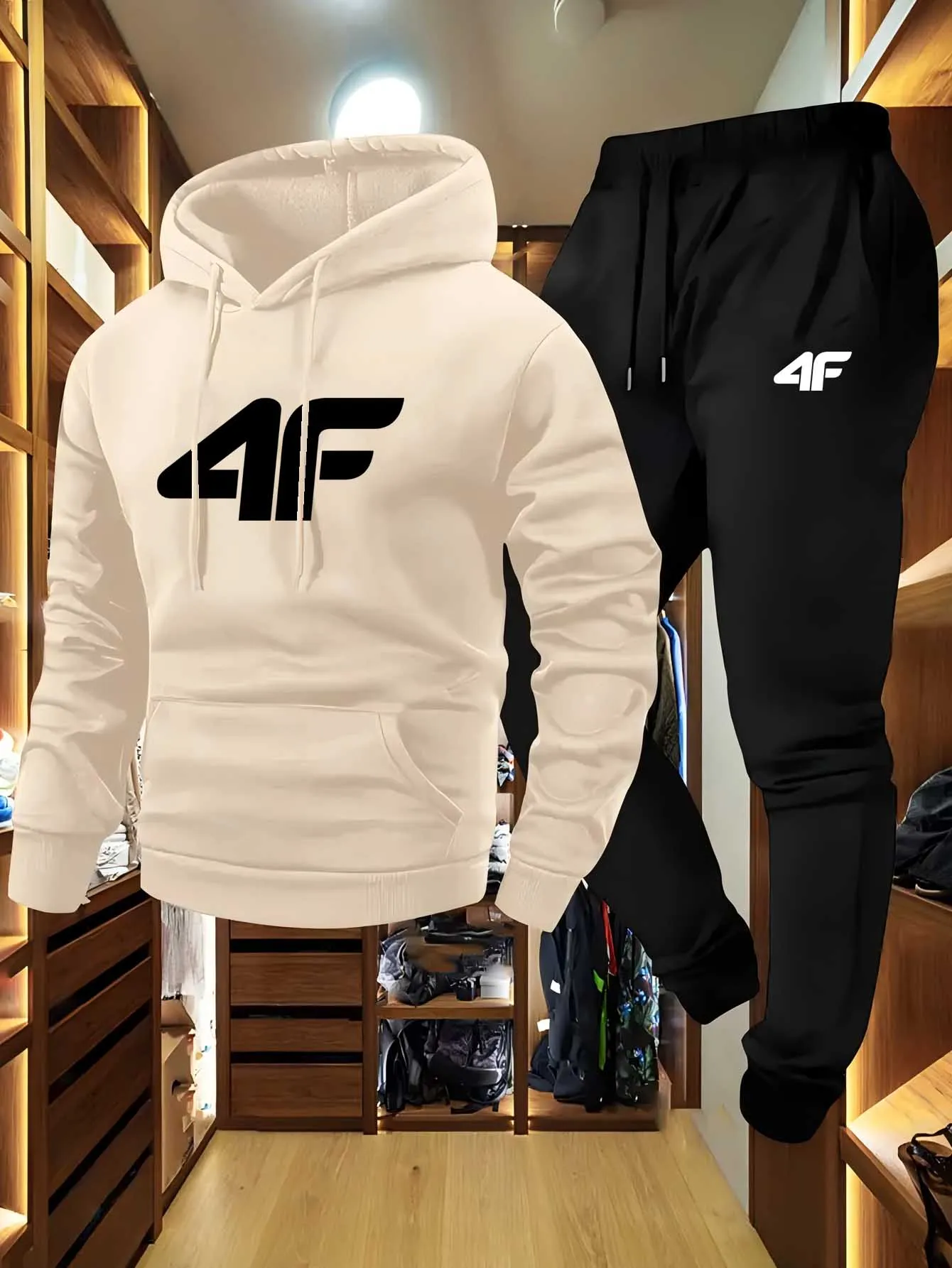 Sudadera con capucha de manga raglán deportiva informal para hombre, conjunto de dos piezas, sudadera con estampado 4F, conjunto informal versátil con capucha de moda