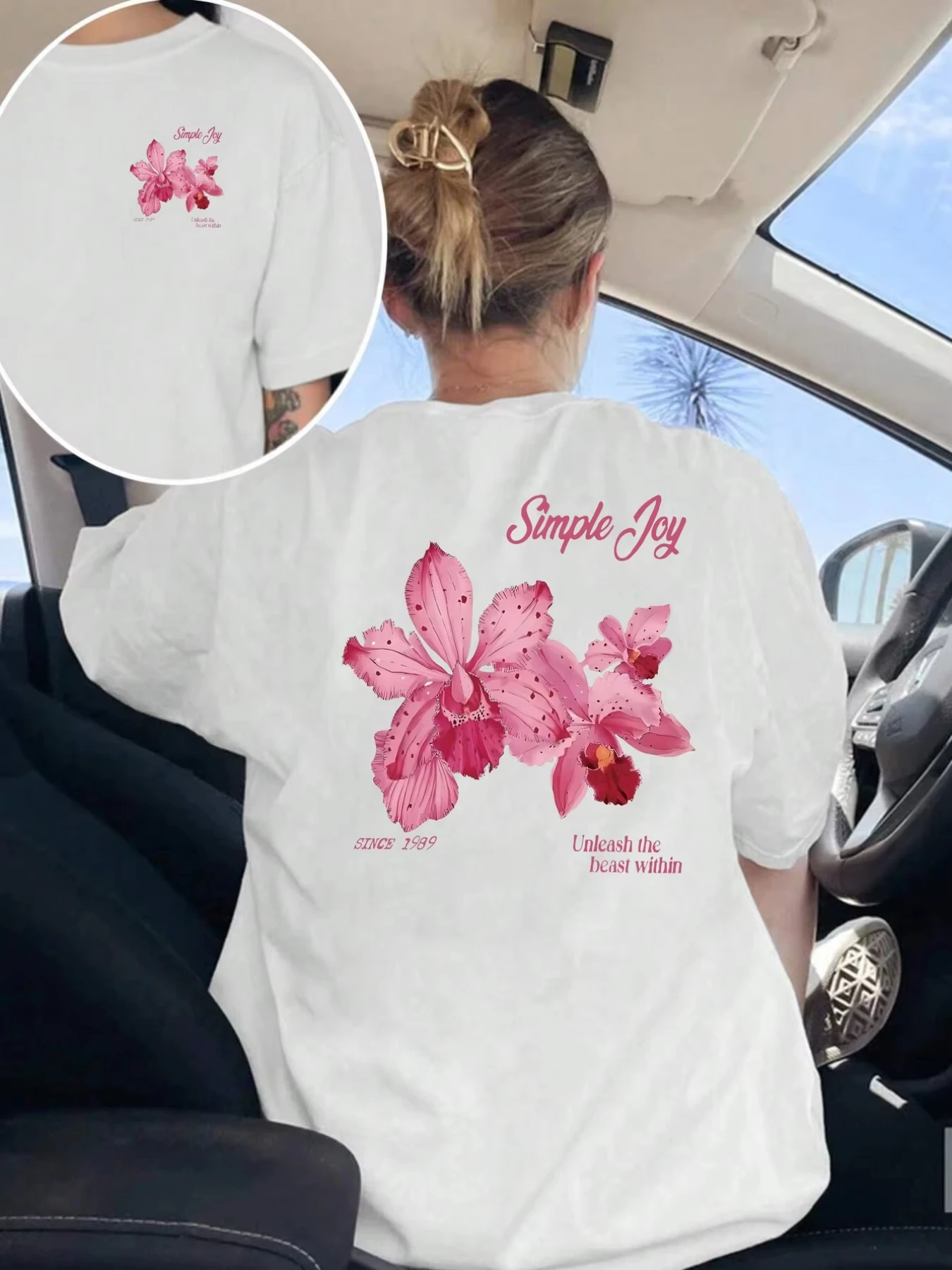 Women's Pink Orchid Print T-Shirt, Short Sleeve, Round Neck Top, Summer Y2K Style T-shirt, Comfortable Women's Clothing Y2K Top