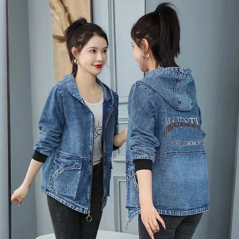 Denim Jacket Women Spring 2023 New Fashion All-match Loose Jeans Coat Female Spring Autumn Embroidery Large Size Hooded Outwear