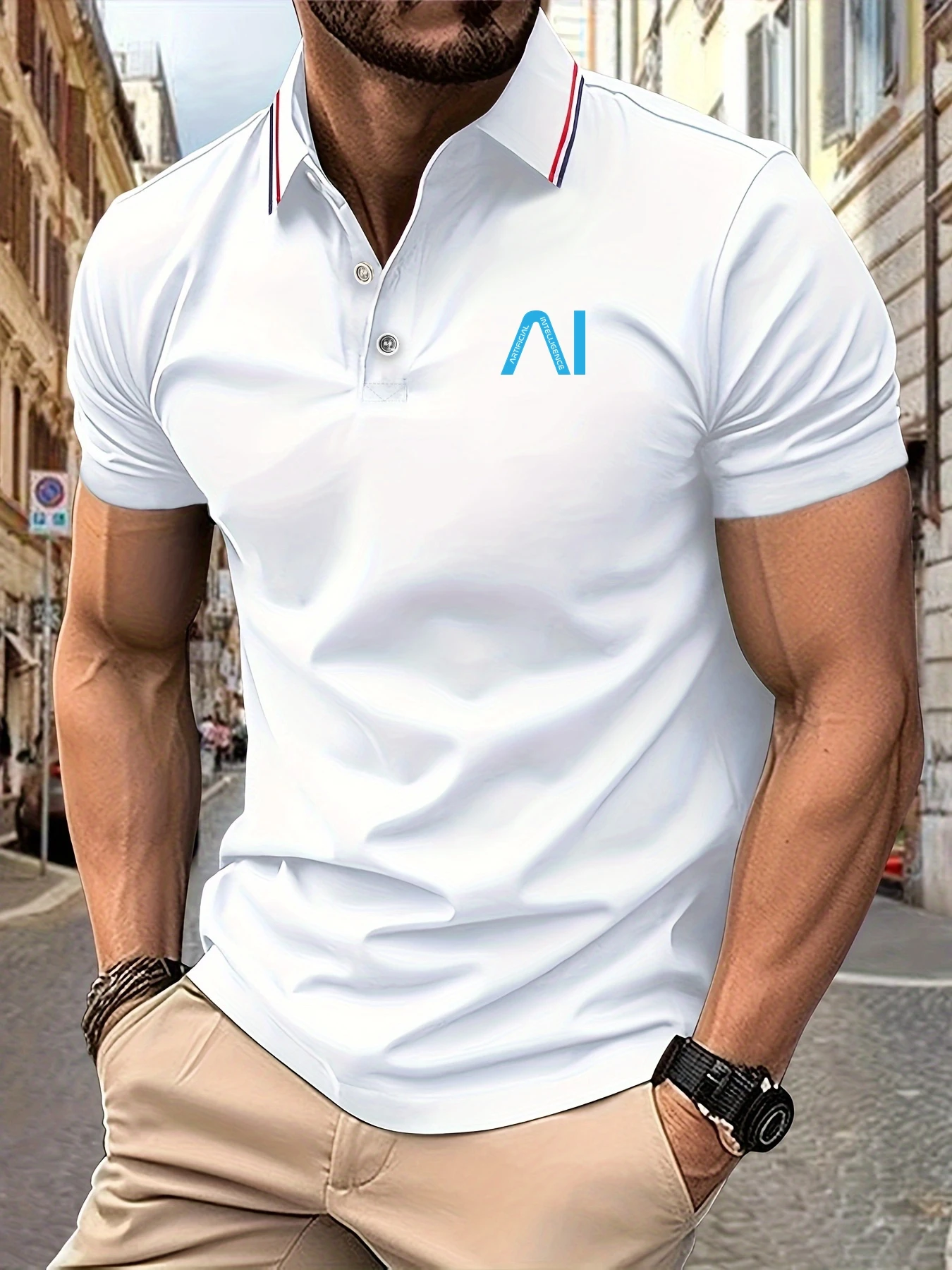Pop Golf Shirts For Man AI Graphic Print Striped Collar Decor Short Sleeve Polo Breathable Casual Daily Cool T-shirt