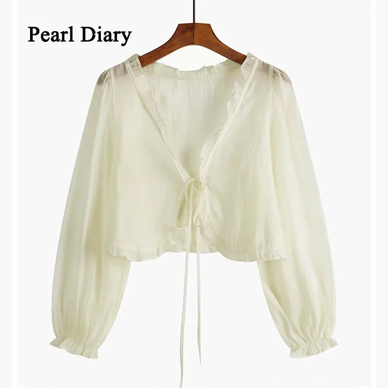 

Pearl Diary New Stylesunscreen Shirt Women Sexy V-Neck Short Strap Top Bowknot Frenulum Long Sleeve Sunscreen Shirt