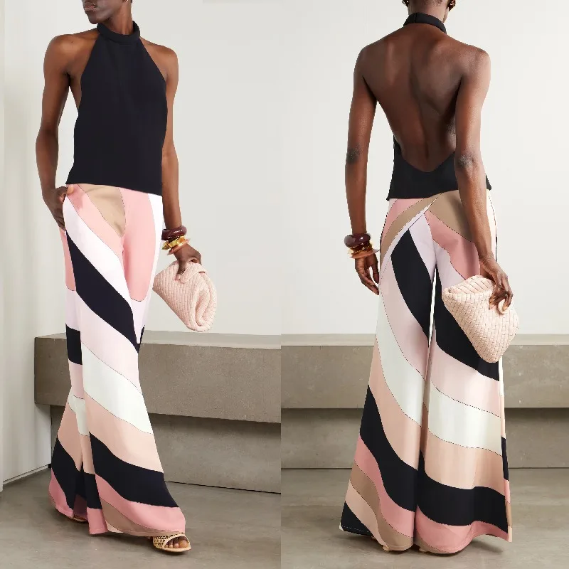 

Elegant Women Summer Print Hanging Neck Jumpsuit Loose Vacation Beach Backless Print Wide Leg Party Club Jumpsuit Onepieces