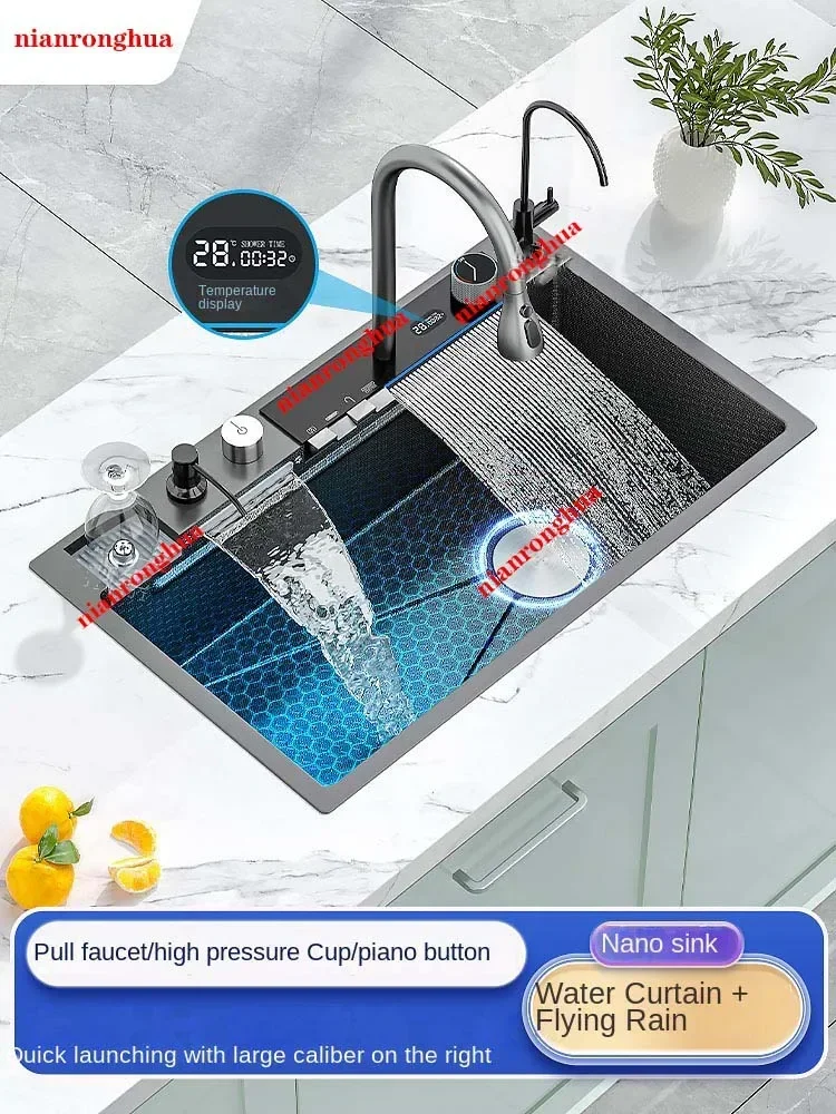 304 Stainless Steel Waterfall Kitchen Sink Large Single Slot Integrated Digital Display Faucet Set Soap Dispenser Cup Washer