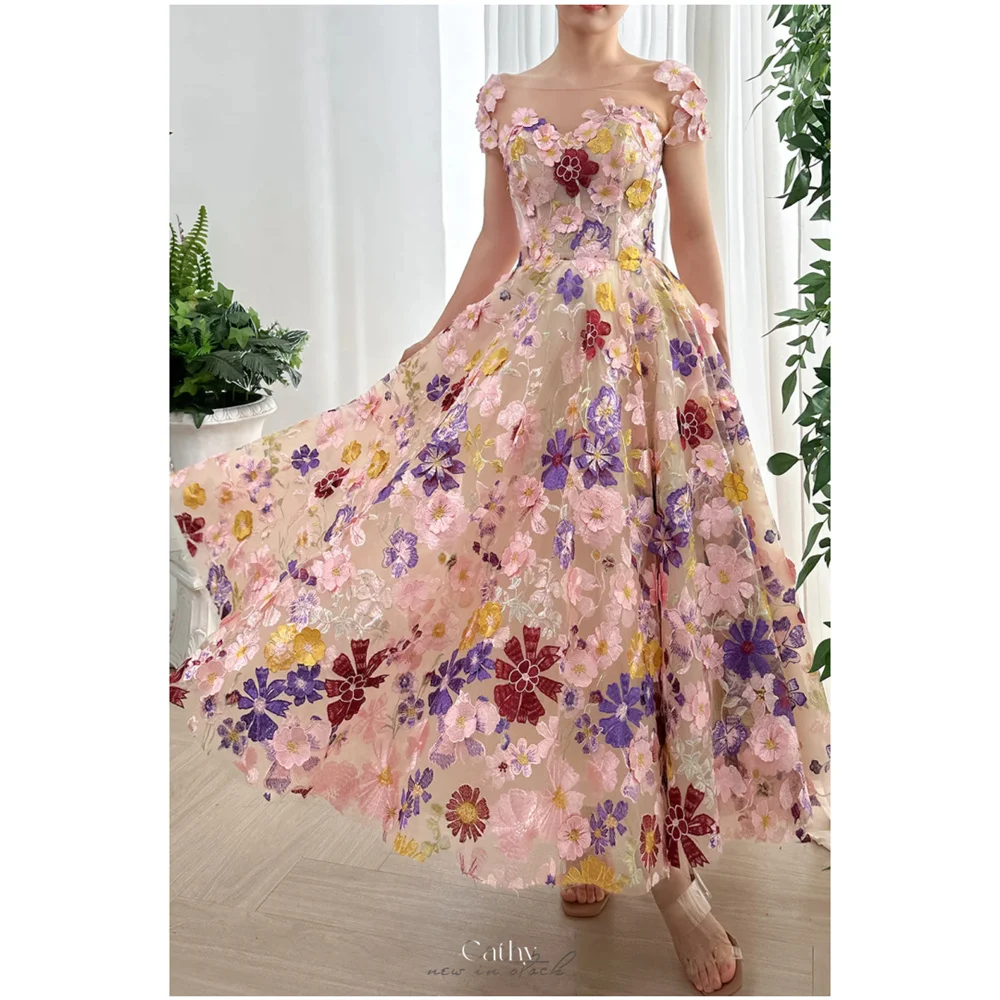 Cathy Pink Three-Dimensional Flowers Embroidery Party Dresses Cap Sleeve vestidos de noiva Ankle-Length Evening Dresses 2024