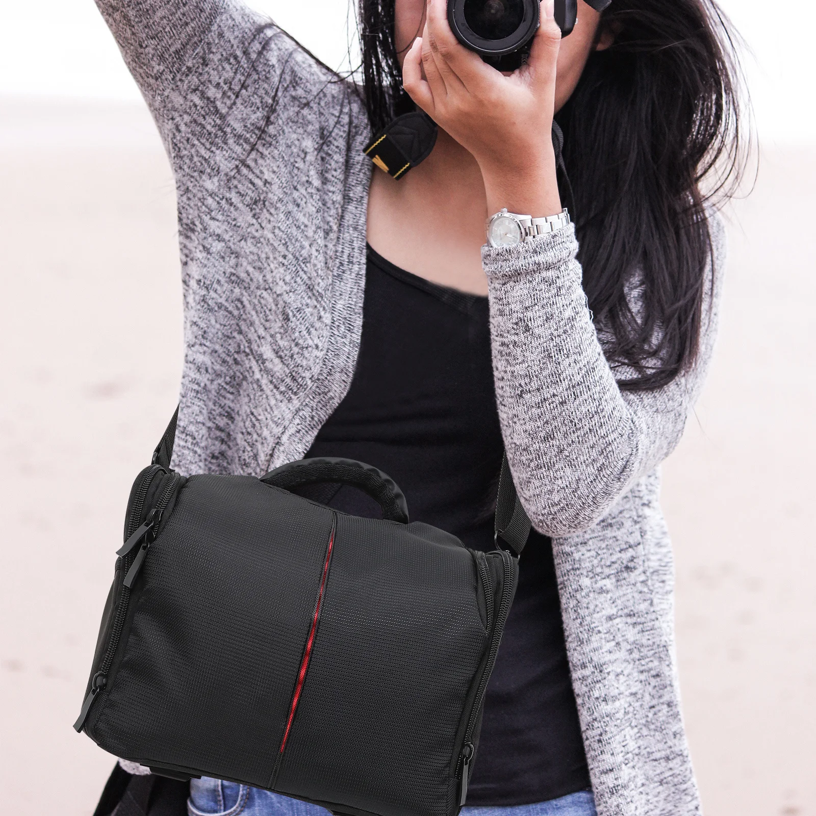 حقيبة كاميرا Dslr مقاومة للماء ومضادة للصدمات، حافظة عدسات مبطنة، غطاء للمطر، كتف قابل للتعديل، كاميرا كروس، حقيبة مبطنة