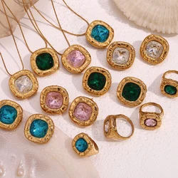 E.B.belle Colorful Zircon necklace for women Square zircon earrings Sparkling Rings Jewelry set Stainless steel premium jewelry