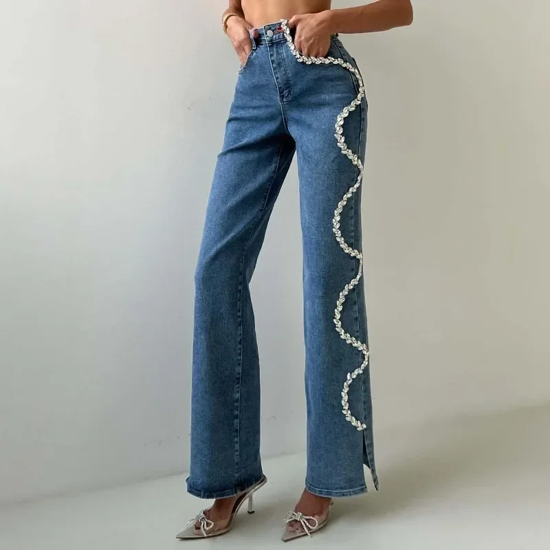 Jeans Berlian Imitasi Elegan untuk Wanita Celana Baggy Lurus Longgar Jeans Pinggang Tinggi Celah Celana Denim Katun Chic Fashion Wanita