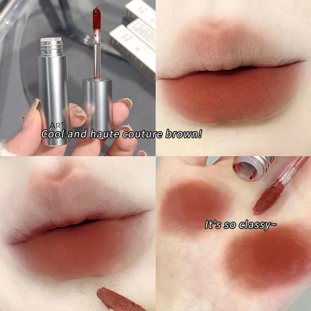 Brillo de labios de tubo plateado, lápiz labial mate desnudo, resistente al agua, larga duración, tinte de labios rojo, barro, terciopelo, esmalte de labios, cosméticos, 6 colores