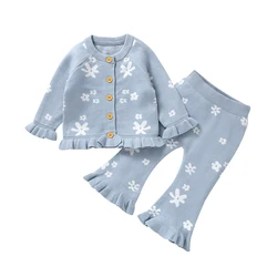 Toddler Kids Girls Clothes Spring Autumn Floral Knitted Newborn Button Up Long Sleeve Jackets Tops+Pants 2pcs Outfits 1-3Y Suits