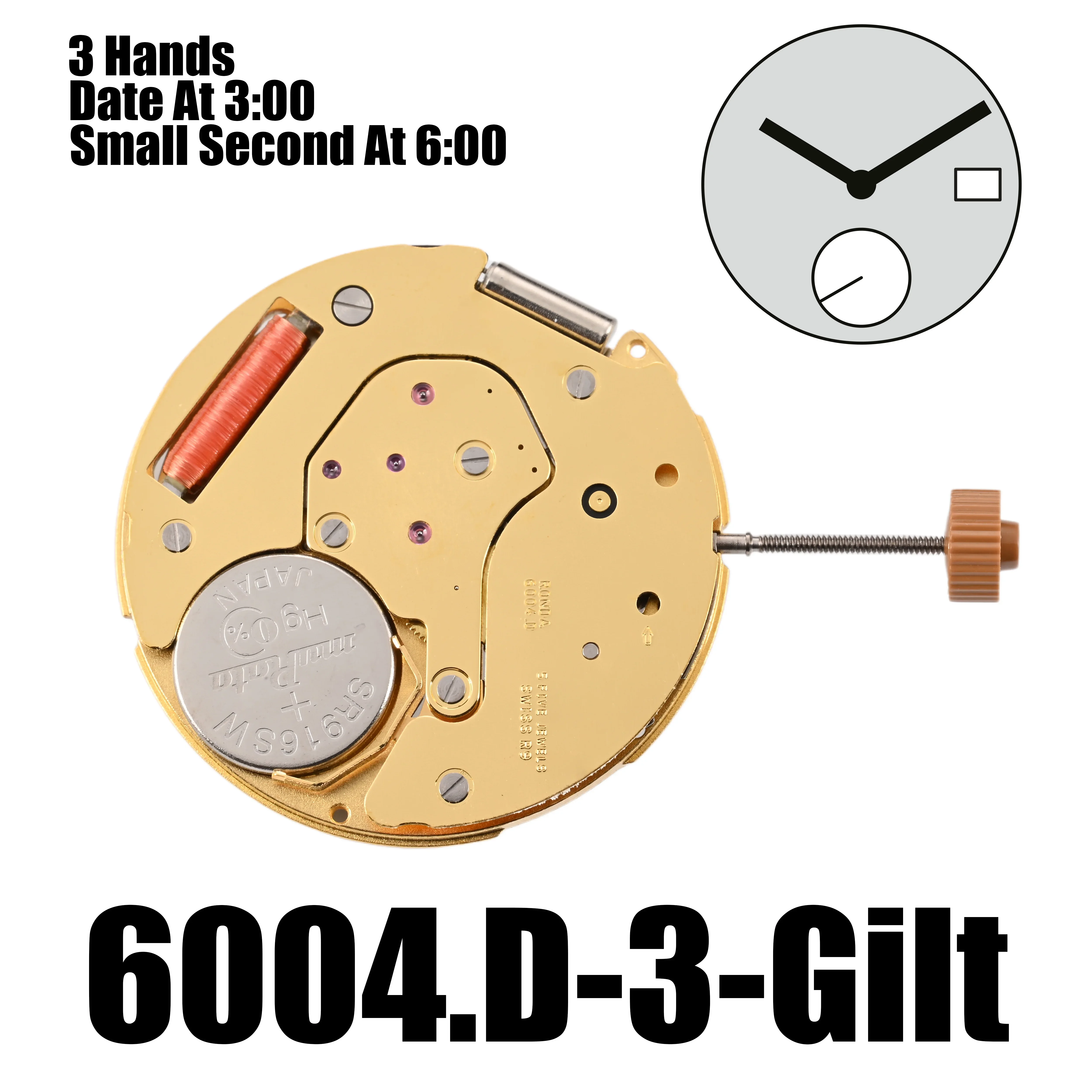 6004.D Movement Ronda 6004D Movement Five Jewels Size：2.5 mm 11½''', 25.60 mm 2 hands Small second at 6:00 Date at 3:00