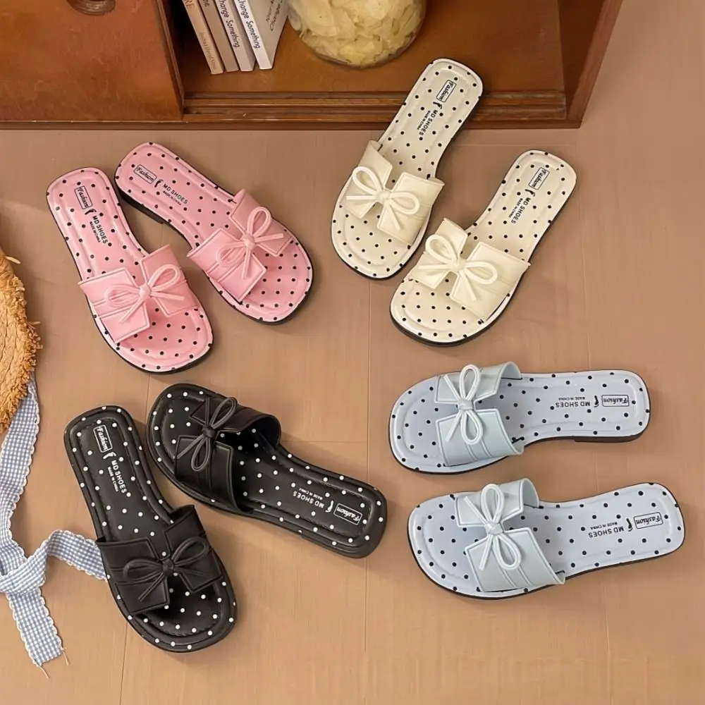 Low-heeled Women's Sandals Polka Dot Bow Square Head Summer Slippers Lightweight Non-slippery Open-toe Slippers