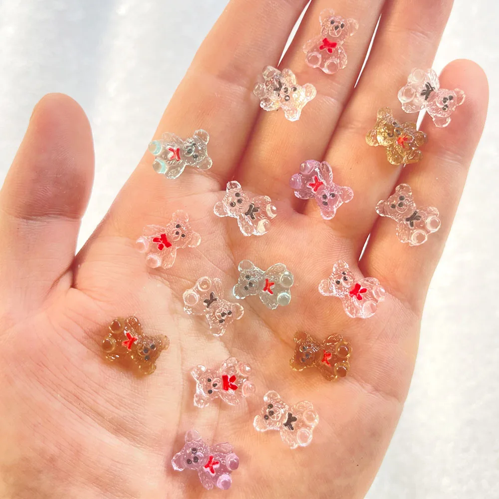 20Pcs/Lot Transparent Jelly Bear Nail Art Charms 3D Resin Cartoon Bobbi Tie Bear Nails Decoration DIY Luxury Nail Accessories