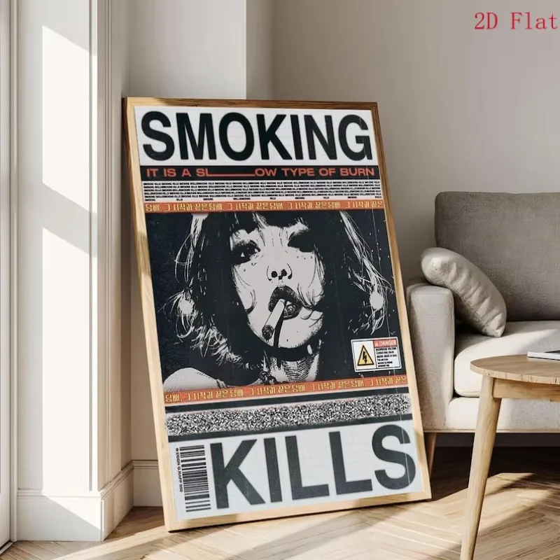2D Flat 1/PCS Smoking Kills Grunge Canvas Poster,Dark Aesthetic Statement Wall Art,Cyberpunk Magazine Style