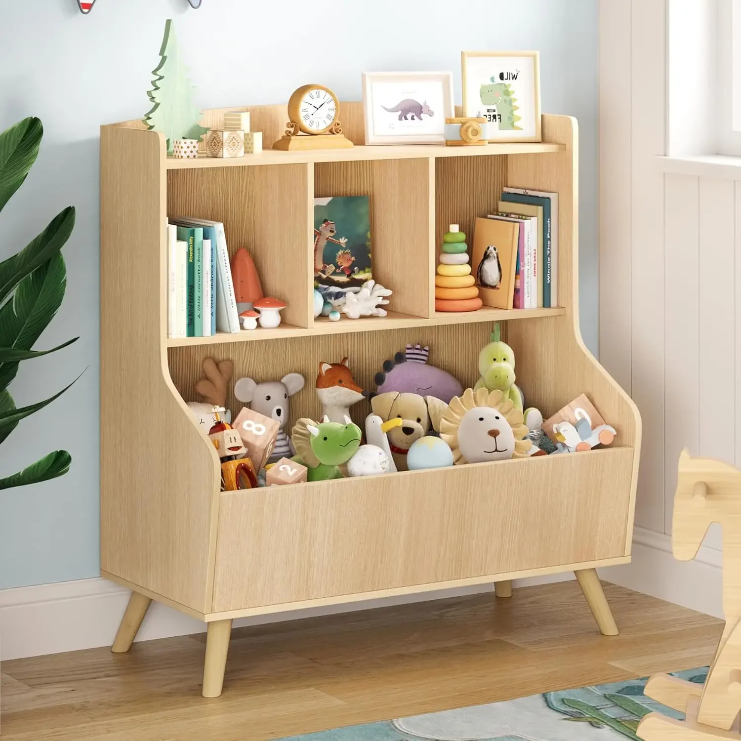 Kids Bookshelf and Toy Storage, 3-Tier Wooden Bookcase, Baby Book and Toy Storage Display Organizer with Spacious Top Shelf for