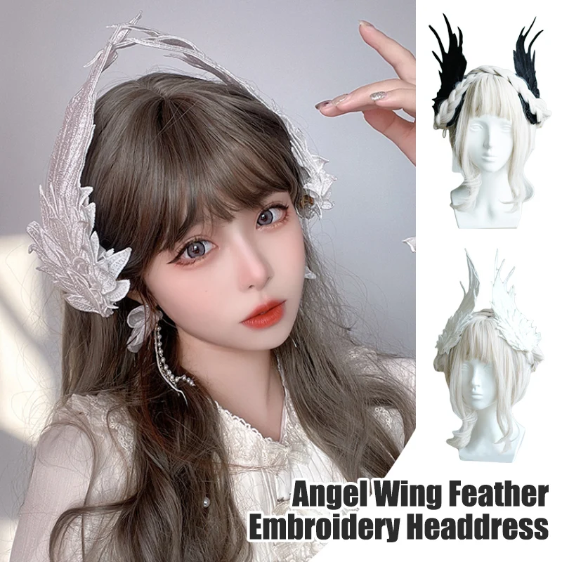 Gothic Lolita Angel Demon Wings Hairpin Headdress Harajuku  Embroidery Feather Hair Clip Women Girls Cosplay Hair Accessories