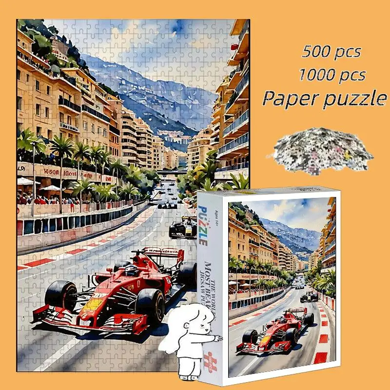 1 conjunto (1000 peças)/1 conjunto (500 peças) quebra-cabeça de papel diy, circuito monaco vermelho velocidade paisagem urbana, jogo de quebra-cabeça, cérebro teaser, h