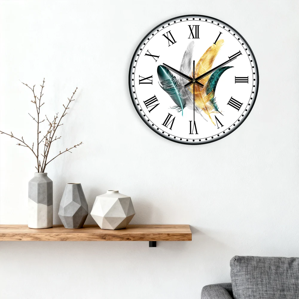 

Minimalist Quartz Wall Clock Roman Numerals Feather Decoration Dining Room Living Room Office Interior Decoration 8/10/12 inch